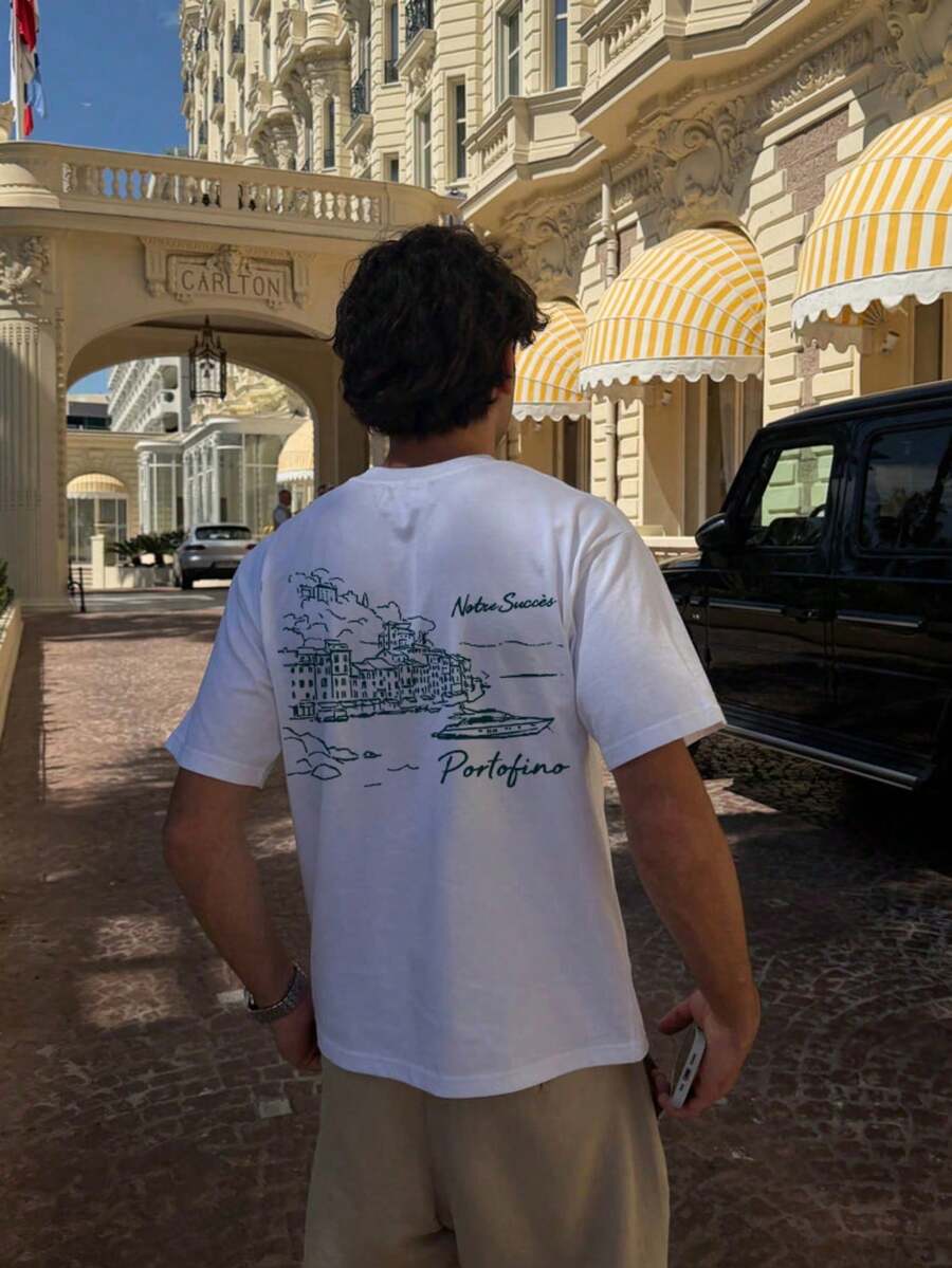 Camiseta masculina de manga curta, modelagem solta, gola redonda, estilo sofisticado inspirado nos resorts do sul da Europa, com estampa "Port Sketch", adequada para casa, escritório, atividades ao ar livre, cidade, estilo casual, streetwear, lazer, jovem, estilo minimalista, universitário, estilo retrô, versátil, texturizada, elegante, personalizada, esportiva, vintage, com estampa de águia retrô. - Branco - Ver 1
