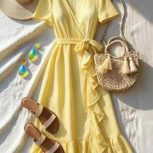 dagjydgfyja  Vestido elegante de media longitud con cuello en V con volantes y ajustado para vacaciones para mujer de talla estándar - Amarillo - Ver 1