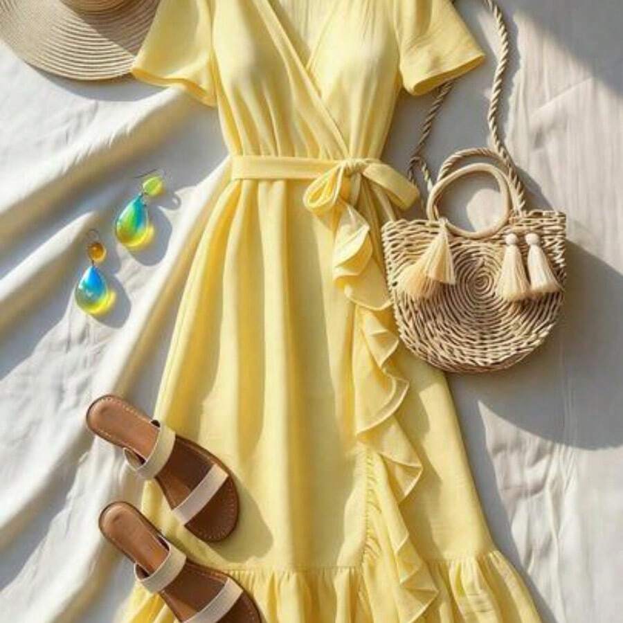 dagjydgfyja Vestido elegante de media longitud con cuello en V con volantes y ajustado para vacaciones para mujer de talla estándar - Amarillo - Ver 1
