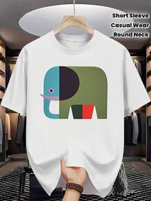 Camiseta casual de manga corta para hombre con estampado de elefantes coloridos, camiseta ligera de cuello redondo, estilo básico versátil para el día a día, lavable aáquina, corte regular, talla. - Negro - Ver 7