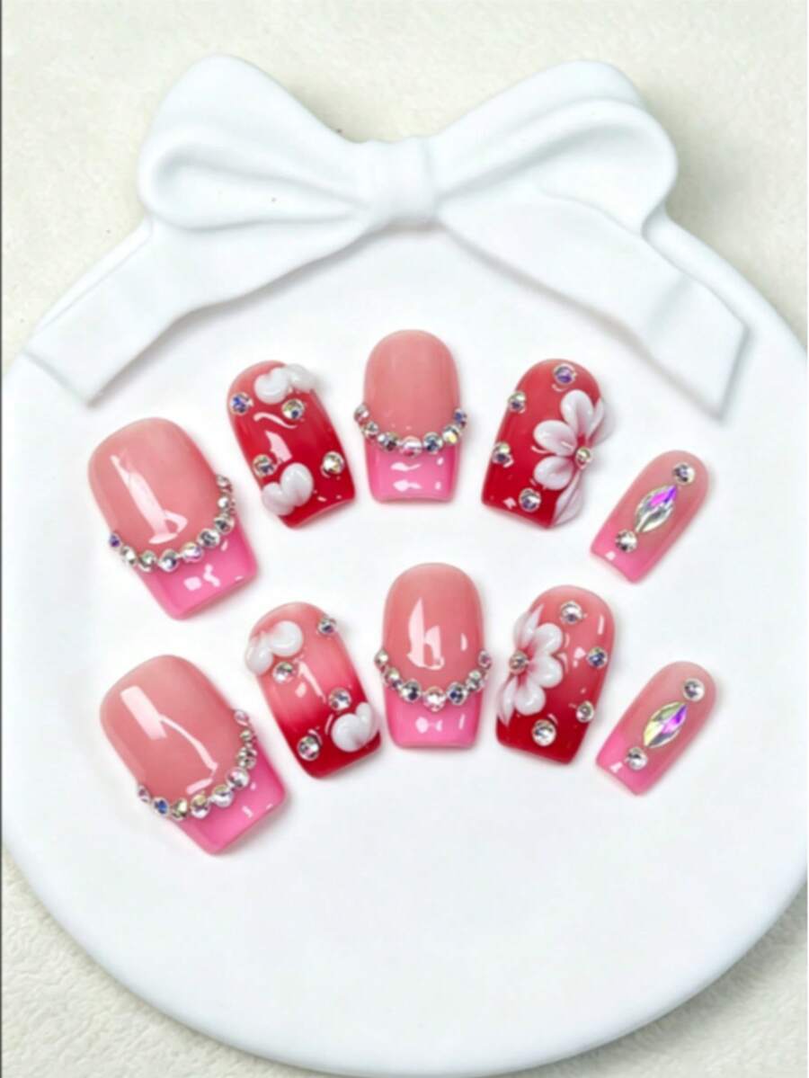 10pcs Y2K Style Pink & Red French Manicure Set, Includes 3D Floral Decor, Sparkling Chain Decor, 3D White Heart Decor, Pink & Red Ombre Base, Comes With Nail Tools (1 Jelly Sticker + 1 Nail File), Fits Square Nails, Suitable For Party, Daily Wear, Photography, Work, Vacation, Graduation Season In Spring/Summer, Handmade, Each Set Unique - Pink - View 1