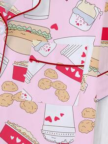 2-Piece Set - Women's Pink Burger, Cheese, And French Fry Printed Short Sleeved Shorts And Pajamas Set, With Pocket Button Design On The Top, Comfortable And Soft Skin Friendly Knitted Fabric Casual Wear, Suitable For Daily Home, Sleepwear Parties, Family, All Seasons - 粉色 - 查看 7