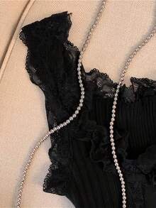 New Spring/Summer Style Lace-Trimmed Camisole Blouse - 黑色 - 查看 5