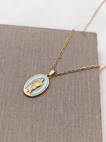 1pc Stainless Steel Oil-Drip Vintage French Style 18K Gold Plated Oval Virgin Mary Relief Pendant Necklace, Hip Hop O-Chain, Minimalist Elegant Jewelry For Men And Women, Affordable Valentine's Day Souvenir Accessory - Blue - View 2