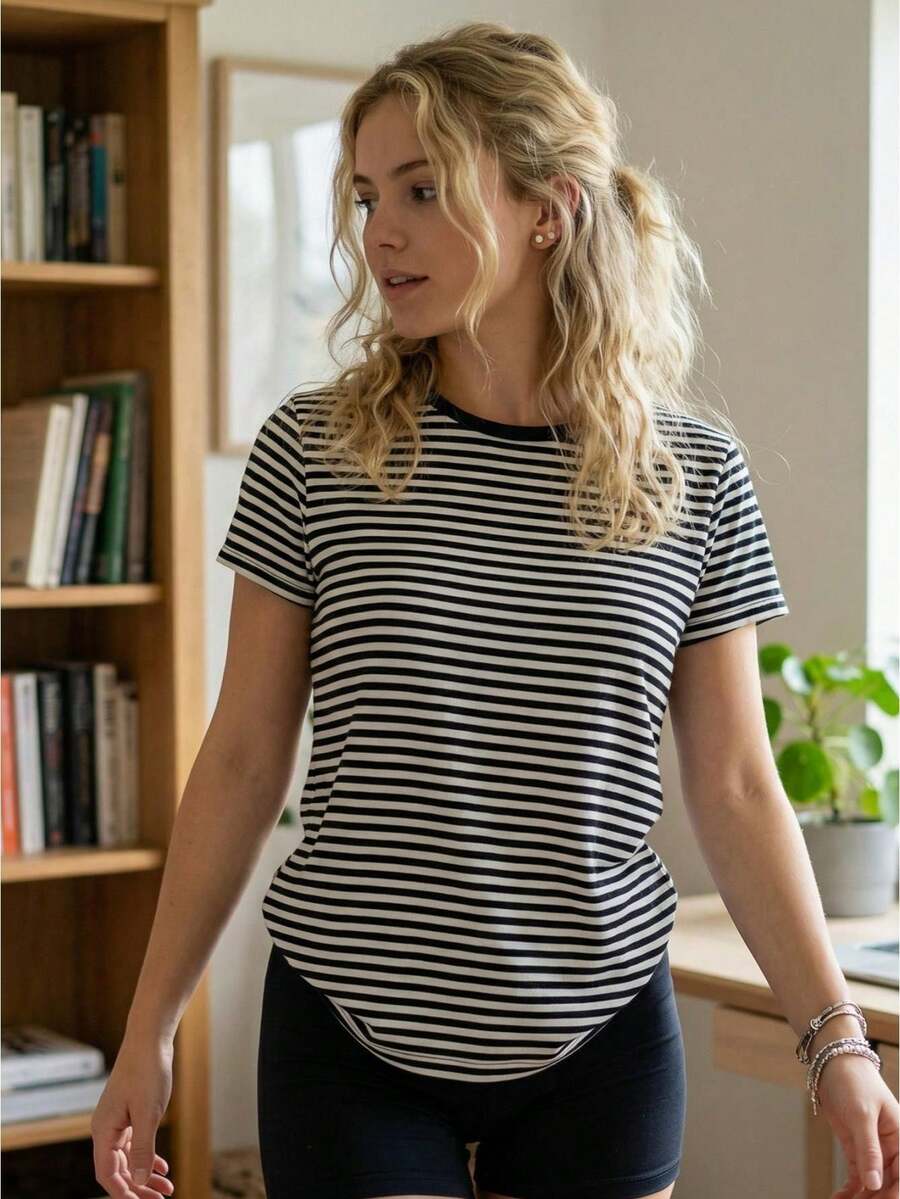 Camiseta para Mujer a Rayas, Cuello Redondo y Manga Corta, para Estilo Callejero Casual de Verano - Negro - Ver 1