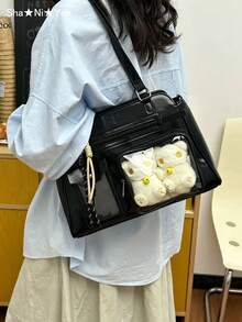 新款日系Y2K時尚休閒極簡街頭通勤大容量女款學院風油蠟皮透明徽章肩背斜跨包，可收納質感小物，可掛鑰匙圈，可放入明信片（不含配件） - 黑色 - 查看 5