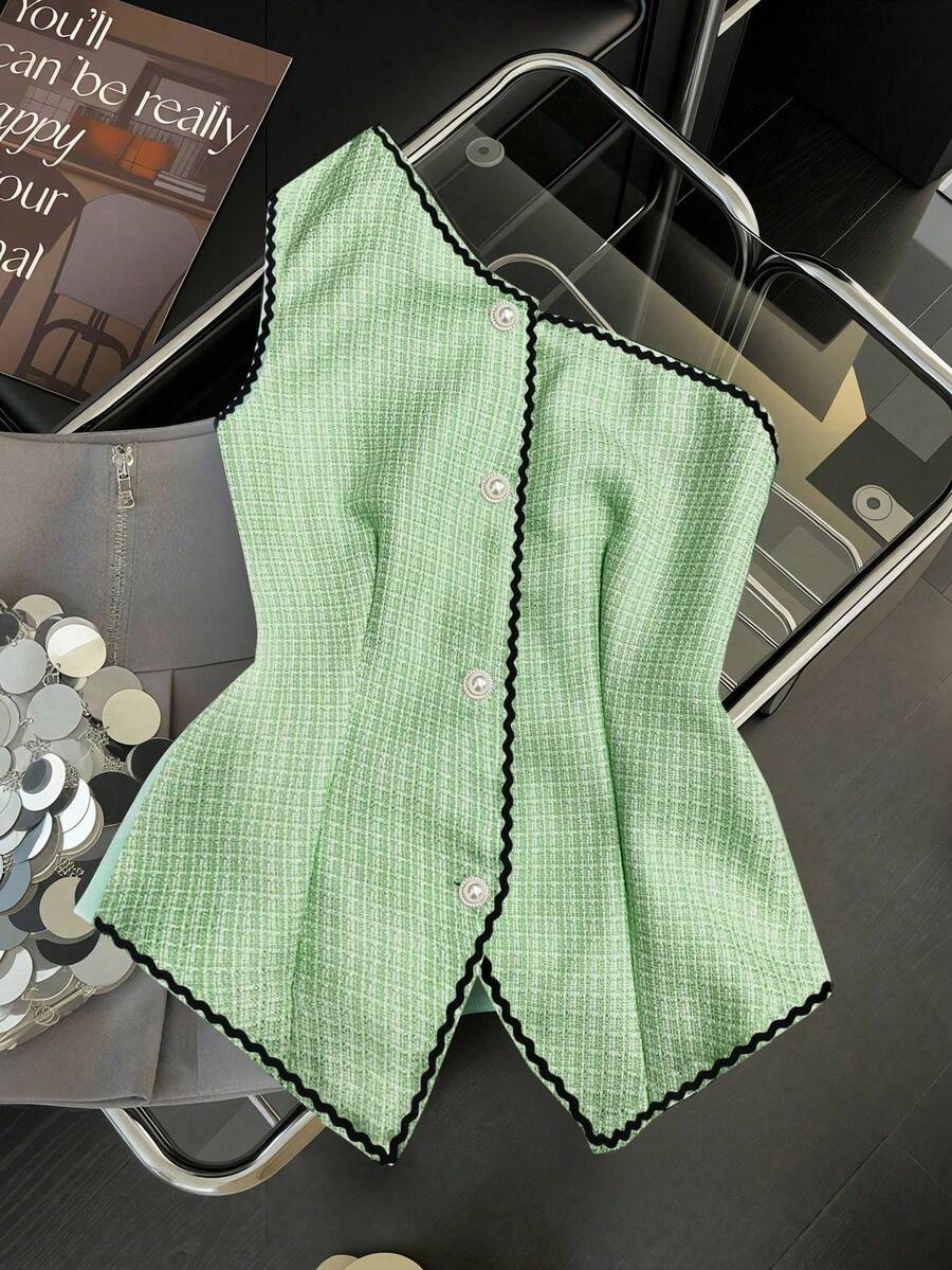 Blusa de jacquard con hombros oblicuos, nueva para vacaciones y citas de primavera/verano 2026 para mujer - Verde - Ver 1