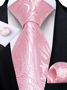 Pink Paisley Jacquard Men Tie Pocket Square Cufflinks 3Pcs Set, Random Cufflink Pattern, Luxury Accessories For Wedding, Holiday & Party - Pink - View 1