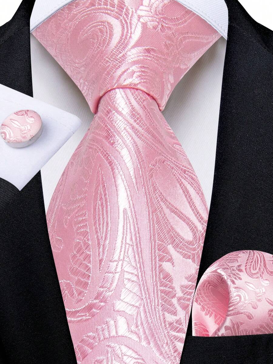 Pink Paisley Jacquard Men Tie Pocket Square Cufflinks 3Pcs Set, Random Cufflink Pattern, Luxury Accessories For Wedding, Holiday & Party - Pink - View 1
