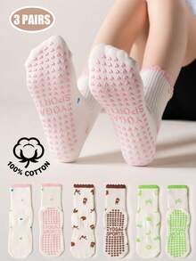 1/3 Pairs Women's 100% Cotton Yoga Socks, Non-Slip Heart Silicone Grips Pilates Socks, Ruffle Trim Breathable Socks For Barre, Dance & Home Workout - Multicolor - View 14