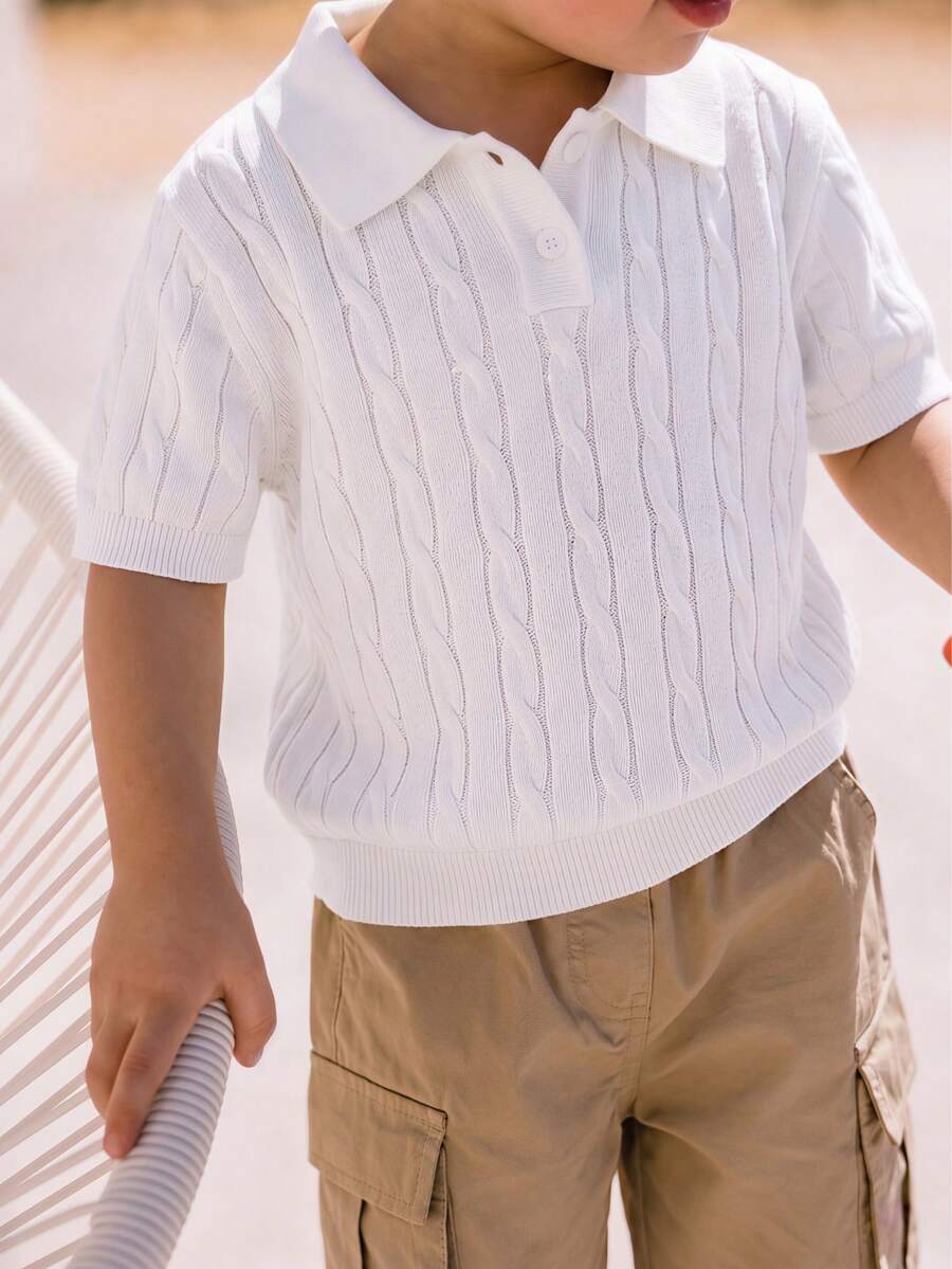 男童學院風鏤空領短袖薄針織套頭 Polo 衫,休閒日常穿著,適合夏秋季 - 白色 - 查看 1