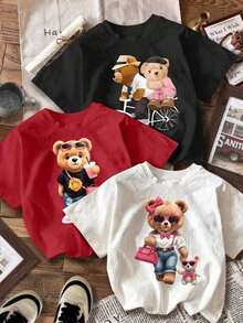 1 Women's Short Sleeve Crew Neck T-Shirt, Featuring A Creative Bear Design And Seasonal Embellishments, Eye-Catching And Stylish, Loose Fit And Crew Neck Design, Suitable For Everyday Wear And An Ideal Choice For The Whole Family. - 黑色 - 查看 8