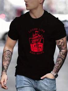 Camiseta de manga corta con cuello redondo para hombre, estilo casual de verano, estampada con las palabras Loose lips sink ship - mezcla de poliéster, ligeramente elástica, tejido de - Negro - Ver 7