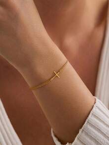 Women's Gold Bracelet, Exquisite Gold Cross Bracelet, Bracelet Layering Set, Waterproof Chain Bracelet, Women's Gold Jewelry, Baptism Gift - Hammered Cross - View 3