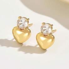 Gold Smooth Surface Heart-Shaped Stud Earrings For Women, Minimalist Fashion Jewelry For Girls, Wedding Bride - Gold - View 5