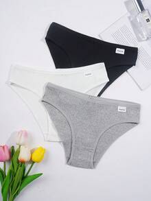 5pcs Teen Girls Basic Ribbed Solid & Stripe Comfy Briefs, Autumn/Winter - Multicolor - View 4