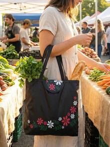 Bolsa de compras reutilizable con diseño de flor de hoja negra, bolsa plegable de gran capacidad, duradera y lavable - Negro - Ver 3