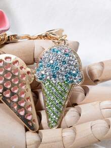 A Cute Diamond Filled Ice Cream Cone Keychain, Lovely Pendant For Bag, Car Key & Backpack, Sweet Gift For Girlfriend - Gold - View 3
