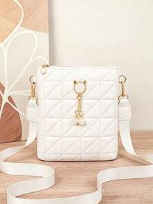 Nuevo bolso de hombro de moda para mujer, bolso bandolera, bolso cuadrado pequeño para combinar a diario, decoración de perlas falsas cosidas - Blanco - Ver 1