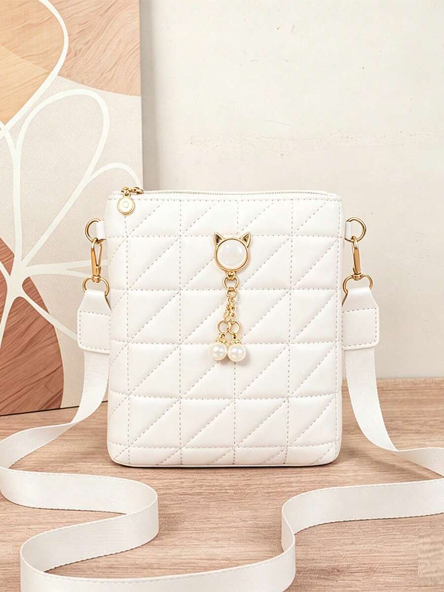 Nuevo bolso de hombro de moda para mujer, bolso bandolera, bolso cuadrado pequeño para combinar a diario, decoración de perlas falsas cosidas - Blanco - Ver 1