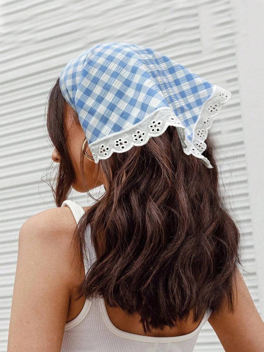 1pc Women's Casual Blue Plaid Headscarf Scarf, Fresh Summer Style Hair Accessory Autumn Headband Headband Headpiece, Soft Headband, Suitable As Gift, Winter Vacation Clothing - Blue - View 1
