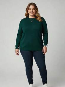 Vivi Women's Plus Size Knit Blouse For Cold Weather, Basic Long Sleeve, Autumn/Winter - 墨綠色 - 查看 1
