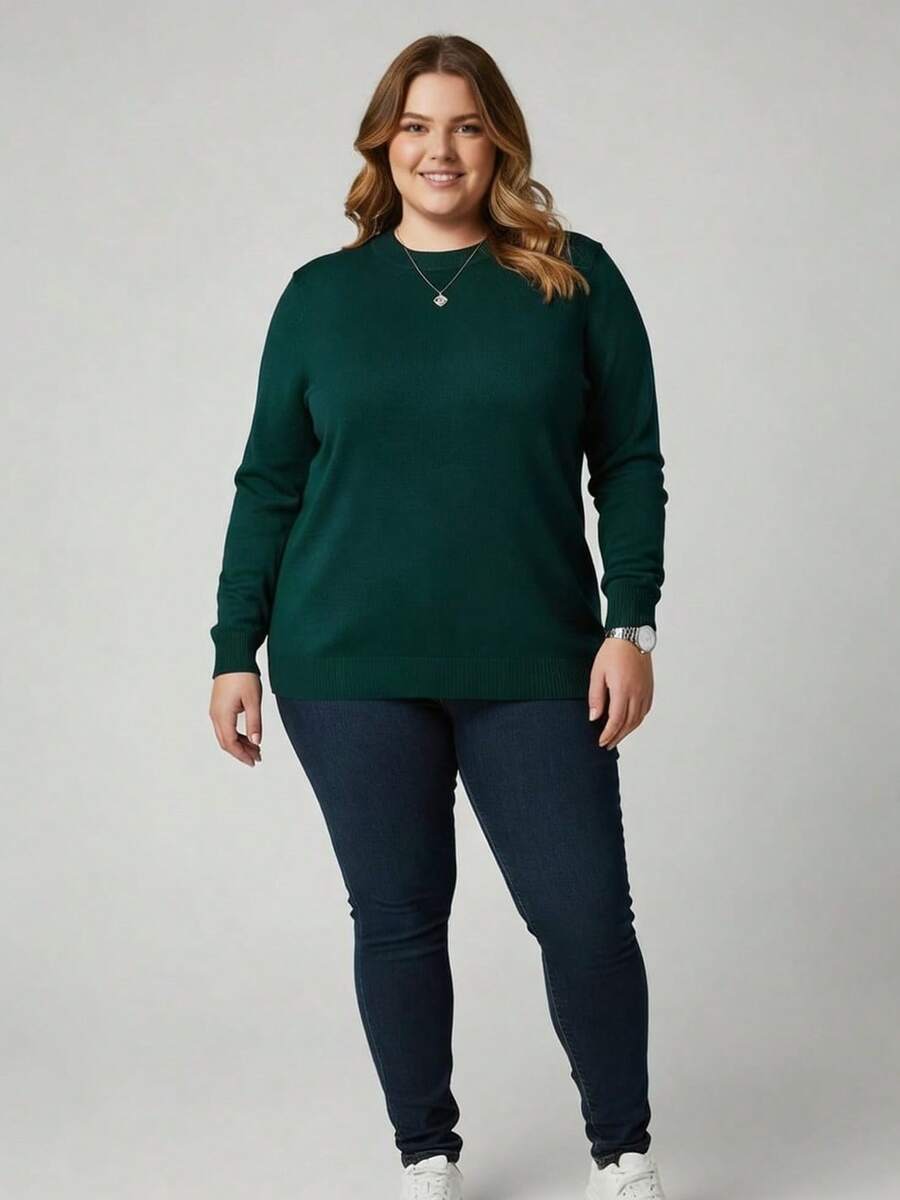 Vivi Women's Plus Size Knit Blouse For Cold Weather, Basic Long Sleeve, Autumn/Winter - 墨綠色 - 查看 1