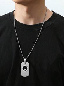 Minimalist Street Necklace, Stainless Steel, Hollow Peace Sign Round Pendant, Suitable For Daily & Street Outfits, Nice Gift For Guys - Silver - View 14