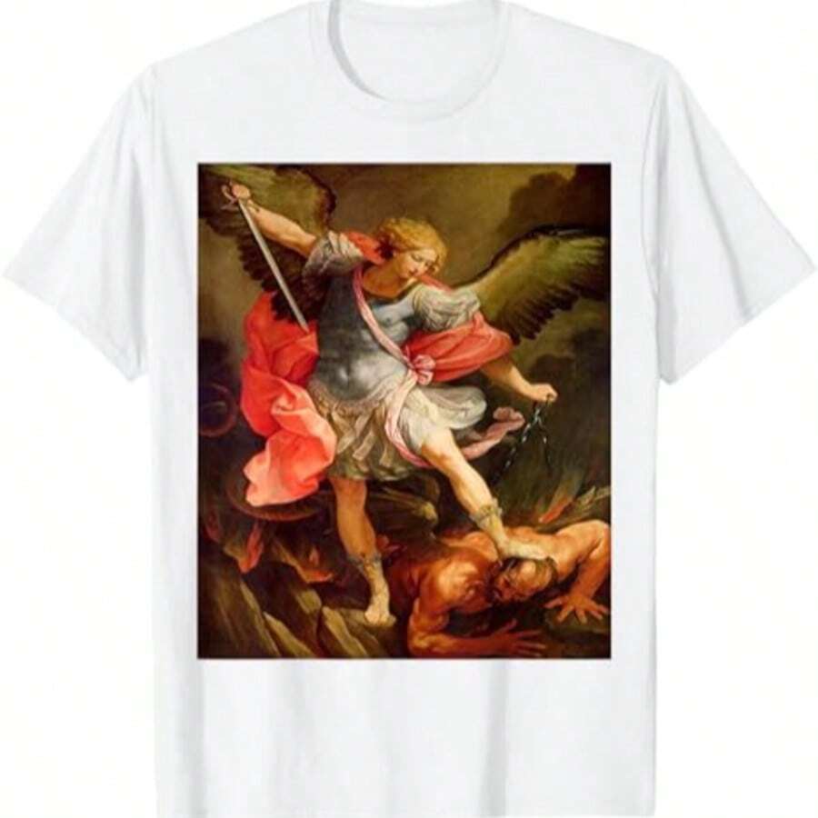Angels Archangel Michael Defeating Satan Christian Warrior T-Shirt1 - White - View 1