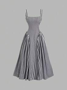 MSSweetra Vestido de verano con tirantes finos, falda acampanada y estampado a cuadros romántico francés para mujeresMS2-15 NCLP - Blanco y Negro - Ver 1