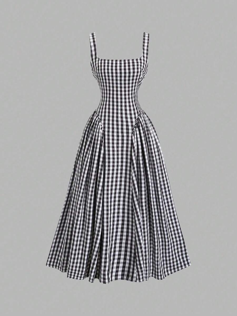 MSSweetra Vestido de verano con tirantes finos, falda acampanada y estampado a cuadros romántico francés para mujeresMS2-15 NCLP - Blanco y Negro - Ver 1