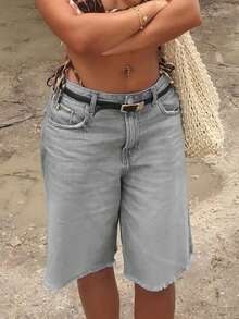 Pantalones cortos vaqueros tipo bermuda con bolsillos en ángulo, flecos en el bajo y pierna ancha, estilo retro Y2K, shorts casuales de verano - Gris Claro - Ver 1