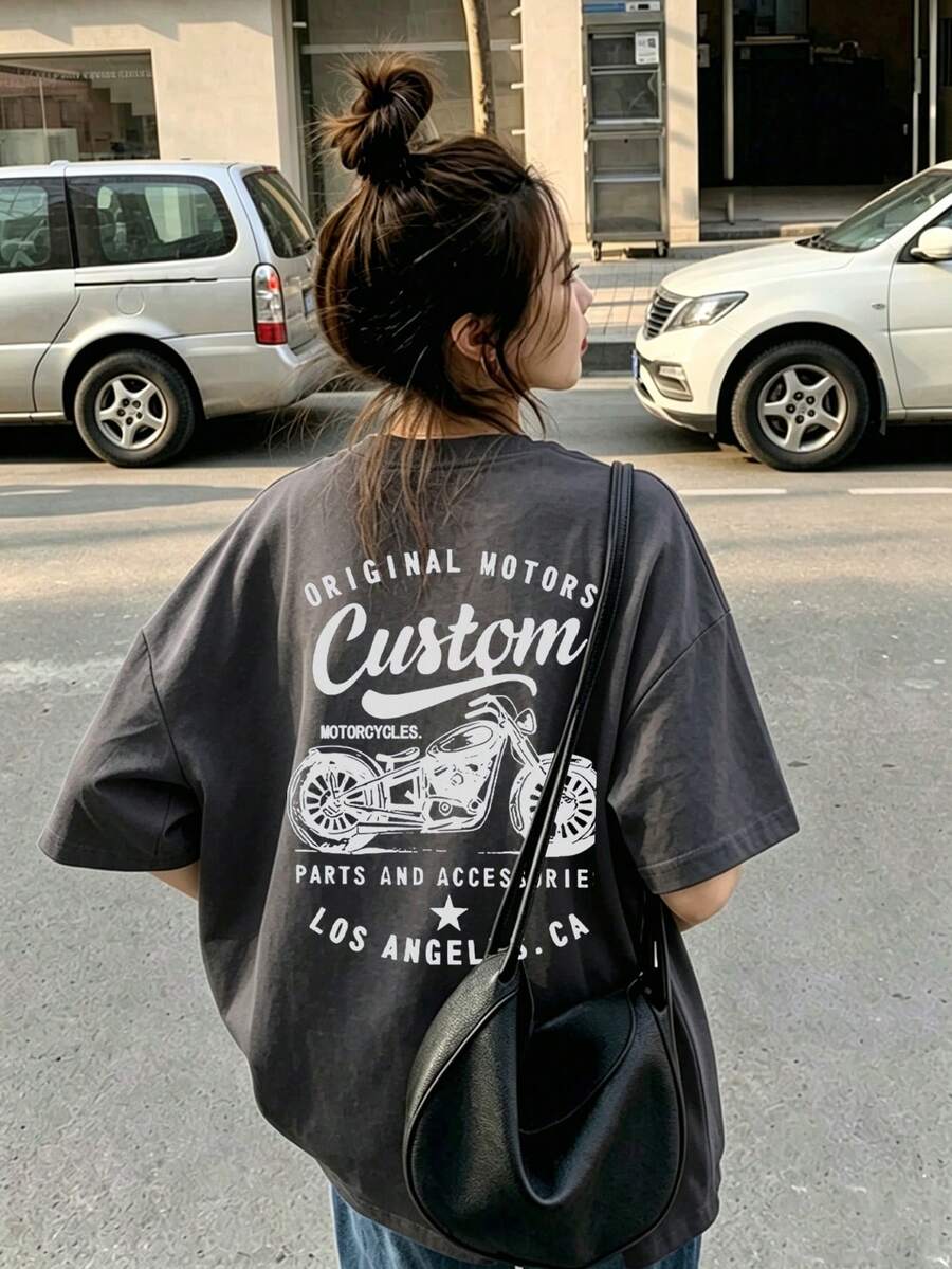 Women's Casual Loose Fit Round Neck Letter & Motorcycle Graphic Print Short Sleeve T-Shirt, Versatile For Spring/Summer - Dark Grey - View 1