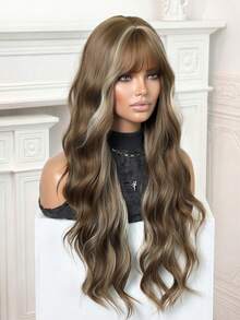 26 Inch Brown With Golden Highlights Synthetic Wig With Bangs, Long Wavy Heat Resistant Wig For Women, Ideal Gift For Halloween, Festival, Travel, Cosplay, Y2K & Daily Wear - Blonde Highlight - View 7