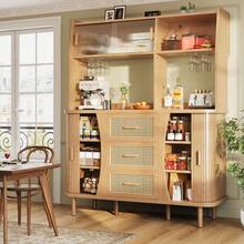 High-End Rattan-Look Sideboard With Sliding Glass Doors, 174.5 Cm High Kitchen Unit With Storage Space, Natural Wood/Walnut Finish, Load Capacity Up To 60 Kg - 查看 2