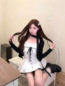女士新款蕾丝边蝴蝶结系带吊带背心，波点系带，春夏白色 - 白色 - 查看 9