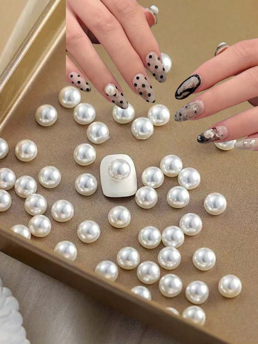 2件組凹面高品質珍珠美甲裝飾,不脫落半圓形3D珍珠美甲貼紙,含水鑽的3D美甲配件美甲飾品 - 彩色 - 查看 1