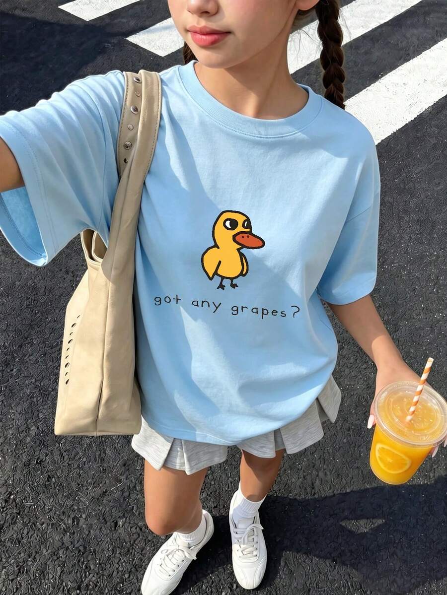 Tween女孩卡通印花T恤,適合女孩日常穿著,女孩春/夏休閒百搭上衣 - 淺藍色 - 查看 1