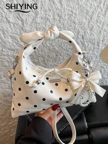 Sac à main à pois à la mode, sac à bandoulière multifonction pour femmes, sac croissant vintage avec décoration de nœud papillon et cordon de serrage - Blanc - Voir 7