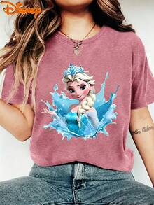 Disney Frozen Elsa Water Splash Gradient Cute Cartoon Printed Round Neck Short Sleeved T-Shirt, Women's Summer Casual Disney Vacation Top, Summer Dress, Summer Top, Women's Top, Festival Tank Top, Women's Summer Top, Independence Day, Festival Dress, Gifts For Family And Friends, Women's Spring Dress, Officially Authorized Disney T-Shirt, Disney Men's And Women's Spring/Summer Fashion Casual Short Sleeved T-Shirt - Màu Hồng Tươi - Xem 1