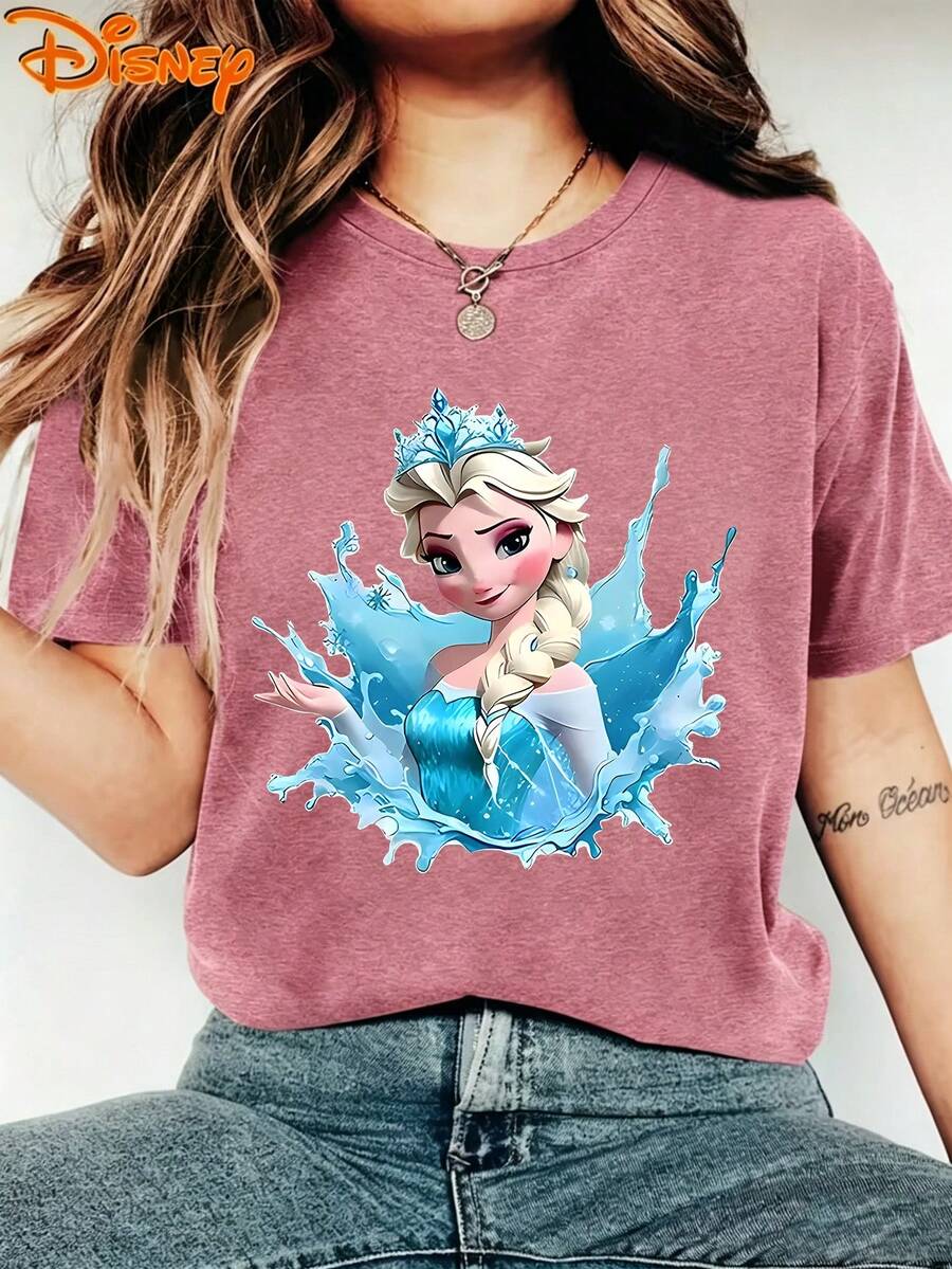 Disney Frozen Elsa Water Splash Gradient Cute Cartoon Printed Round Neck Short Sleeved T-Shirt, Women's Summer Casual Disney Vacation Top, Summer Dress, Summer Top, Women's Top, Festival Tank Top, Women's Summer Top, Independence Day, Festival Dress, Gifts For Family And Friends, Women's Spring Dress, Officially Authorized Disney T-Shirt, Disney Men's And Women's Spring/Summer Fashion Casual Short Sleeved T-Shirt - Màu Hồng Tươi - Xem 1