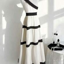 Vestido sin mangas de unicolor tejido con hombros oblicuos en contraste, elegante para primavera/verano . - Albaricoque - Ver 3