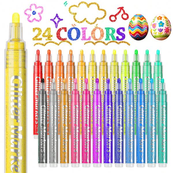12/24 Colors Glitter Markers, 3mm Tip Acrylic Markers, Colorful Marker Set, Smooth Lines, Suitable For Calligraphy Practice, Layered Graffiti, Art Creation, Illustration, Scrapbook Decoration, Etc.