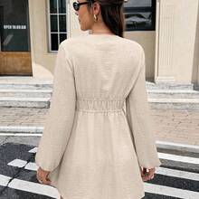LunaCass8  Vestido mini sexy de mujer con cuello en V profundo, mangas farol y lazo delantero en unicolor - Albaricoque - Ver 3