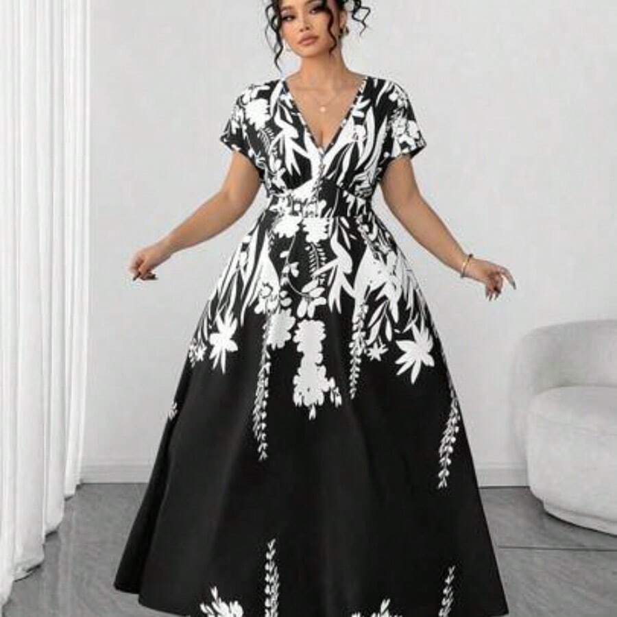 guangzhougaolangshangmao Vestido maxi de mujer talla grande con estampado floral verde, manga corta, cintura fruncida y efecto estilizante, de estilo minimalista y elegante, para primavera - Negro01 - Ver 1