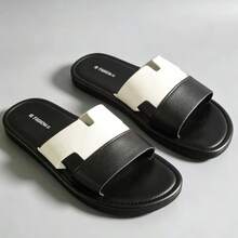 Unisex Black & White Colorblock Hollow Strap Open Toe Slides, Casual Sandals, Spring/Summer Minimalist Luxury Style, Soft Elastic Non-Slip Wear-Resistant Sole, Lightweight Slip-On Footwear, Suitable For Home, Beach, Daily Outdoor Wear, Light & Comfortable - Black and White - View 5