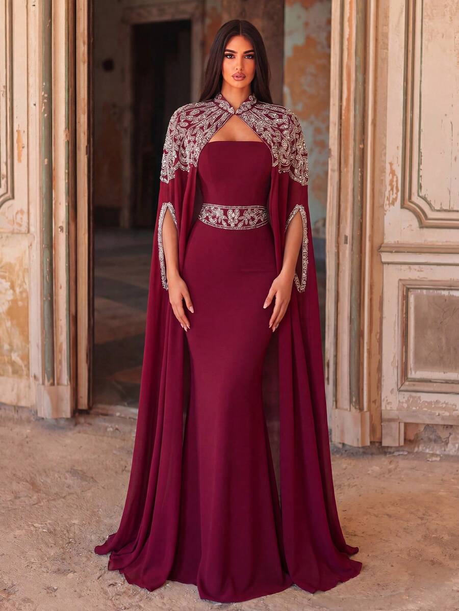 Faeriesty 優雅長款長袍，迷人晚禮服，配有精緻披肩、珠飾領口、袖口與腰部細節 - 婚禮派對