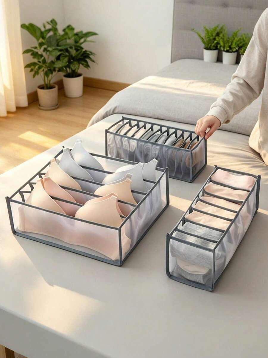 Bộ 3/5 túi đựng đồ lót màu đen, hộp đựng kiểu ngăn kéo, thích hợp để đựng tất và các vật dụng khác, cũng có thể dùng làm đồ trang trí mùa hè/thu, đồ trang trí ngày lễ, đồ trang trí phòng, đồ trang trí nhà cửa hoặc phòng ngủ. - Xám - Xem 1
