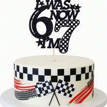 1件裝賽車主題7歲生日蛋糕插牌「I Was 6 Now I'm 7」黑色亮片蛋糕裝飾，格子旗設計兒童生日派對裝飾，賽道風格7歲生日蛋糕插牌 - 賽車6-7 - 查看 2