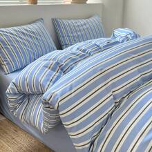 3pc Japanese Minimalist Blue Striped Print Set 2 Pillowcases + 1 Duvet Cover Set Combination - Seeking Love Stripes - Blue - View 4